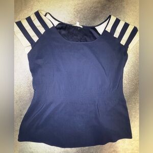 Gianni Bini Navy Blue Short Sleeve Blouse Striped Shoulder Detail Top M